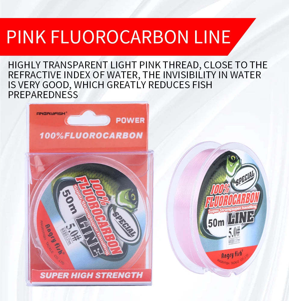 Angryfish Fluorocarbon Fishing Line 50m Transparent/Pink Super strong Carbon Fiber Leader Line