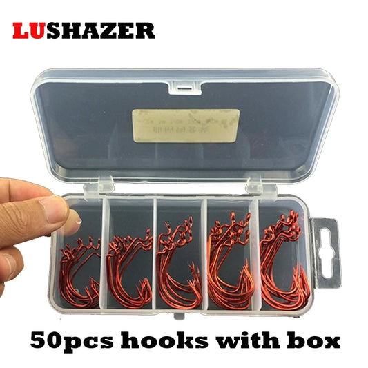 50pcs / 100pcs Box Red Offset Fishing Hooks Box Sizes 2#-3/0#