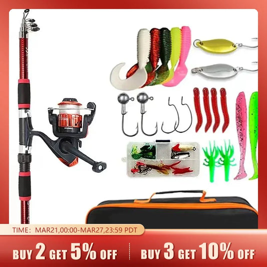 Fishing Pole Set Full Kits With Telescopic Fishing Rod And Spinning Reel Baits Hooks Travel Pole Set