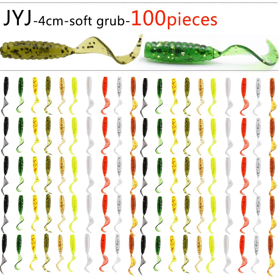 JYJ 4cm 100pcs Soft plastic artificial isca pesca tail protein Grub lure fishing worm moggot grub lure baits 4cm