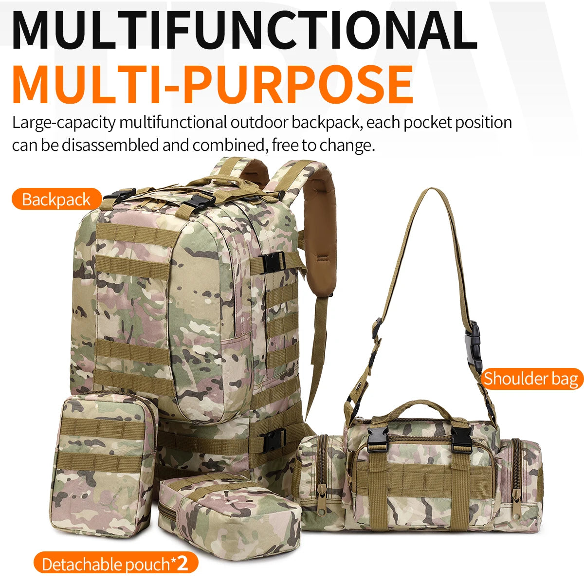 60L Large Capacity Travel Camping Hiking Mountaineering with Molle Expansion Mounted Tethered Bucket Splashproof Lightweight 4-i