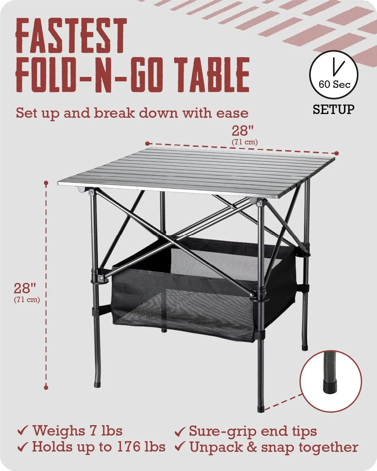 Folding Camping Table - Aluminum Foldable Table for Tailgating or Camp Site with Carry Bag