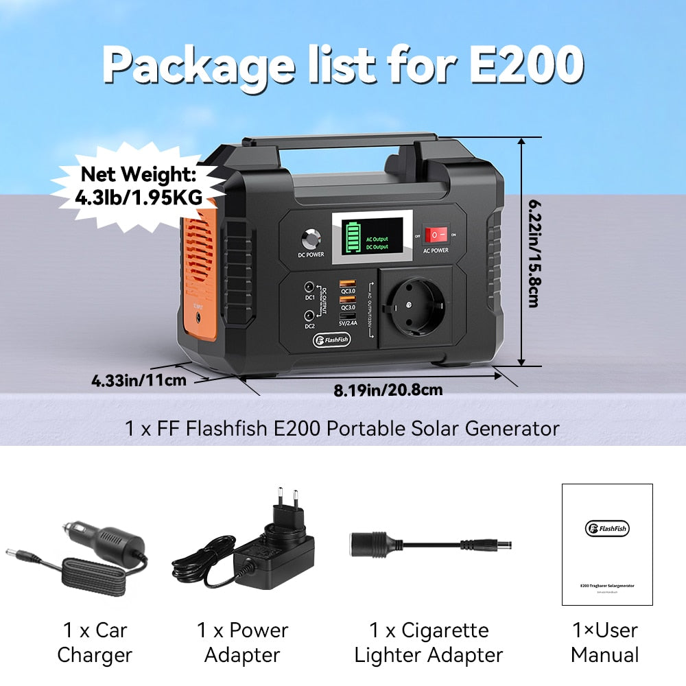 FF Flashfish 110V Portable Power Station Solar Generator AC 200W 151WH Battery Charger Outdoor Emergency Supply Camera Drone