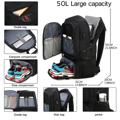 Travel Backpack , 50L waterproof large capacity backpack Gym Hiking and Camping with Shoe Compartment