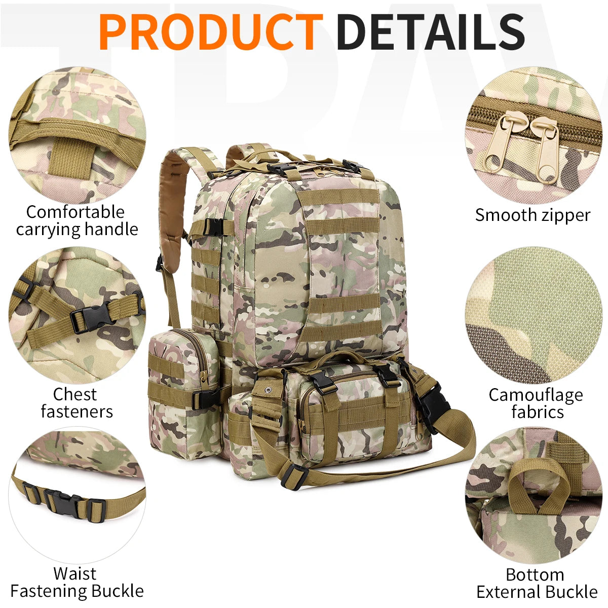 60L Large Capacity Travel Camping Hiking Mountaineering with Molle Expansion Mounted Tethered Bucket Splashproof Lightweight 4-i